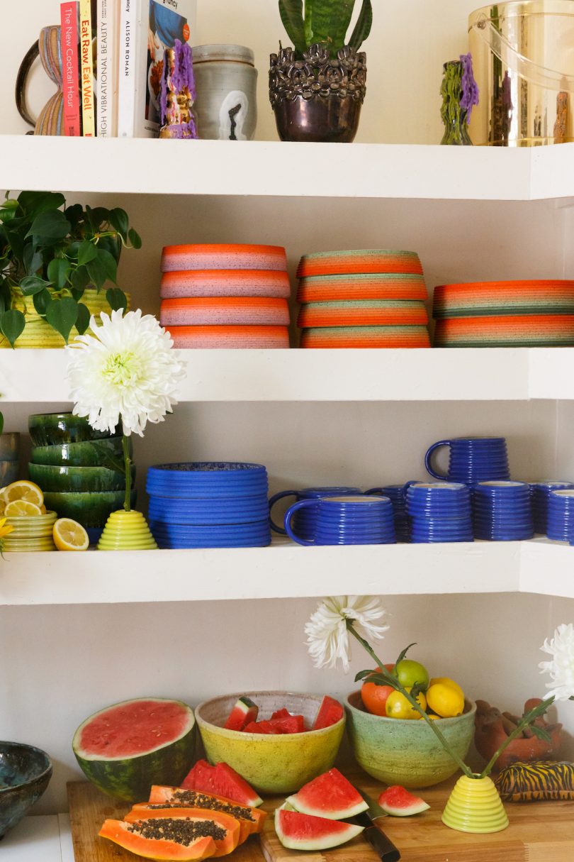 colorful ceramics on shelf