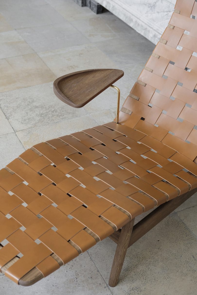 detail of woven brown leather chaise lounge
