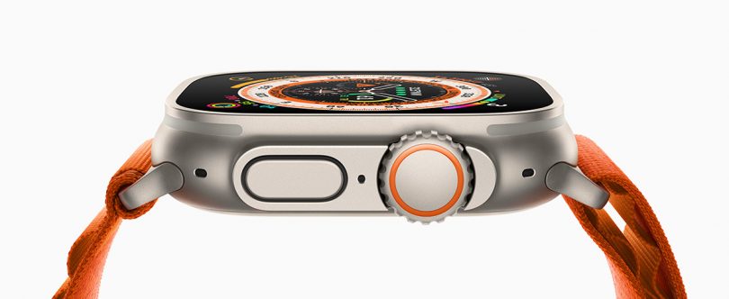 Apple Watch Ultra side view with orange band