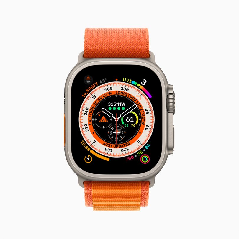 Apple Watch Ultra face with orange band