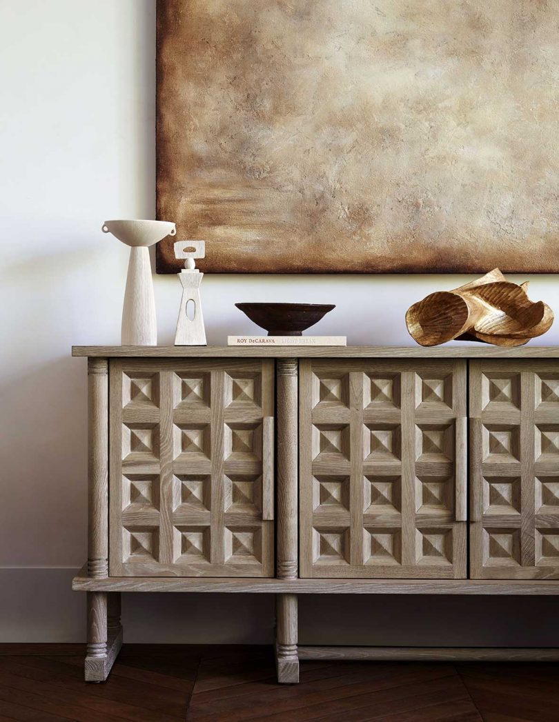closeup of modern credenza with embedded square design