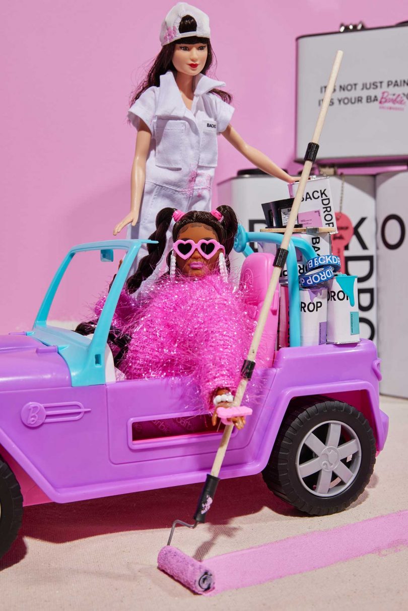 set featuring Backdrop paint with Barbie riding in jeep