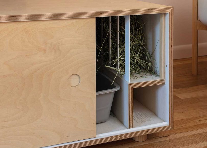 front view of modern bench that doubles as rabbit home