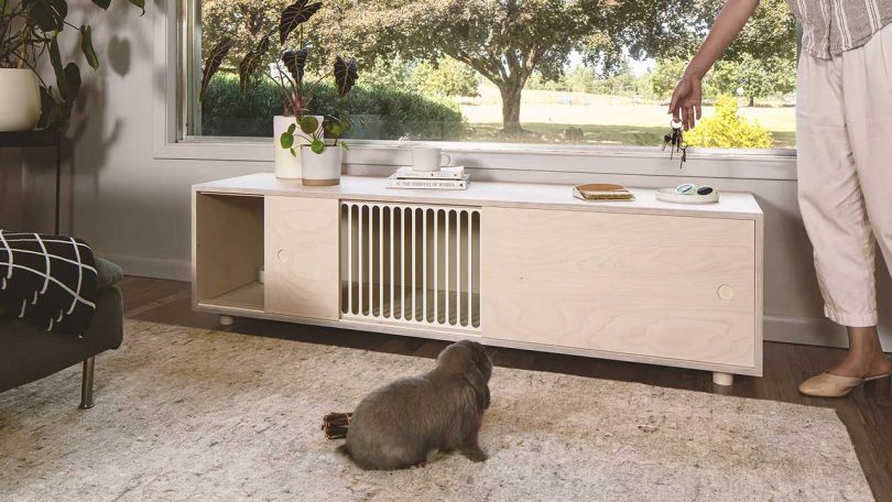 modern wood credenza bench with open spaces for pet rabbits