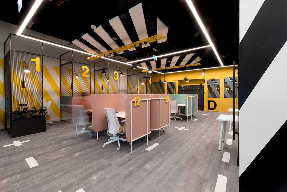 coworking space with graphic black and white patterns and bold colors