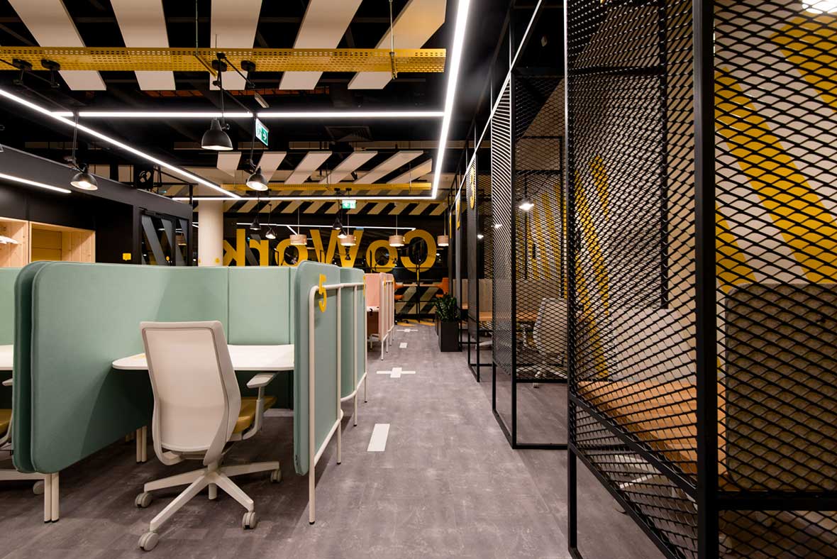 coworking space with graphic black and white patterns and bold colors