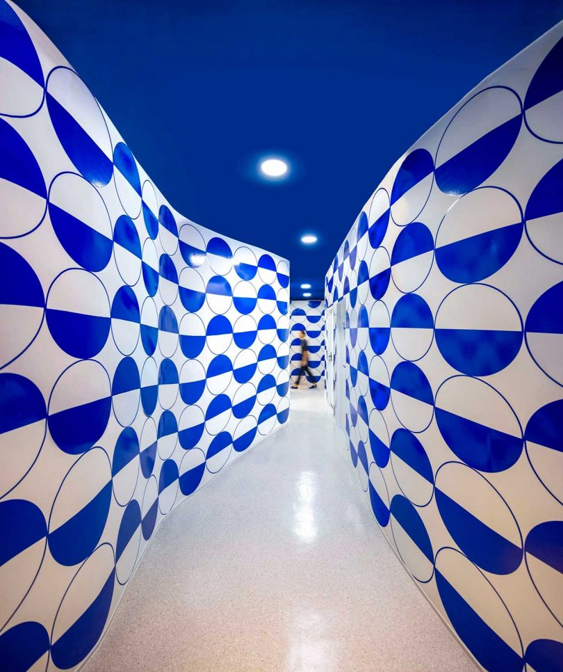 curvy hallway with bold blue and white wallpaper and bright blue ceiling