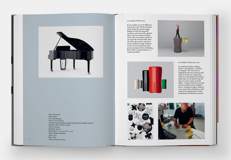 open book spread featuring a grand piano