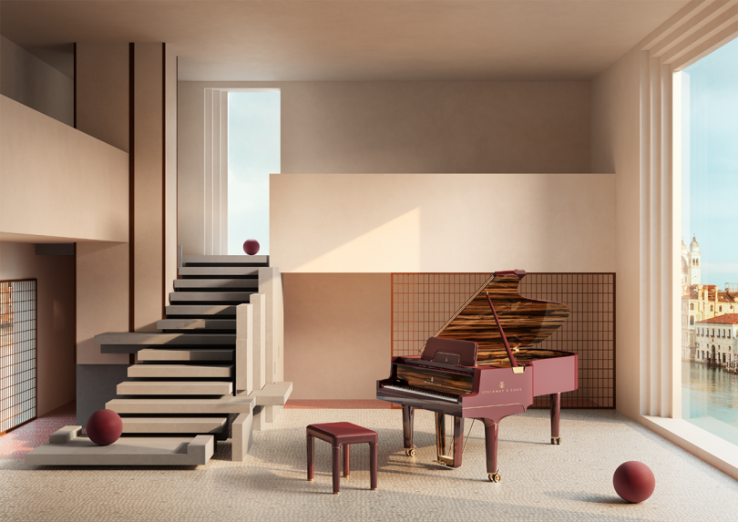 modern interior space with maroon colored grand piano and bench