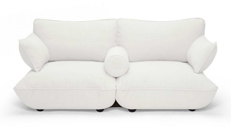 white 2-seater upholstered sofa with arms on white background