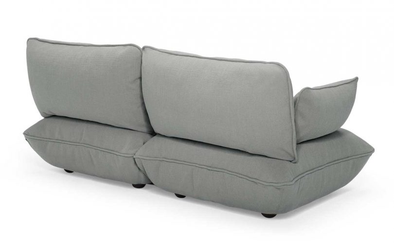 back of dark grey 2-seater upholstered sofa with arms on white background