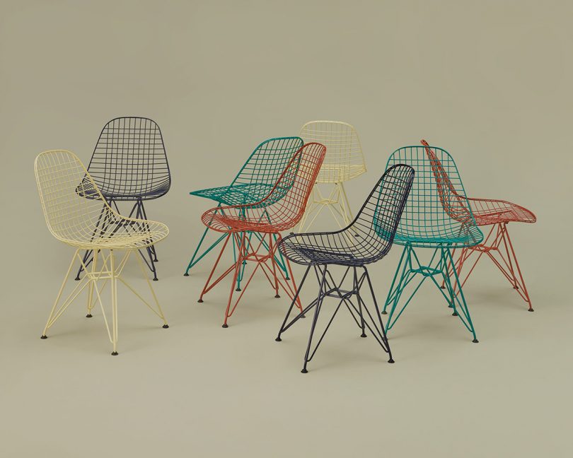 series of Eames wire chairs in HAY colors