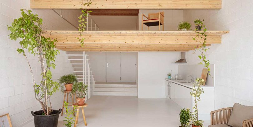 فضای داخلی خانه مینیمالیستی با سطوح سفید و جزئیات چوبی