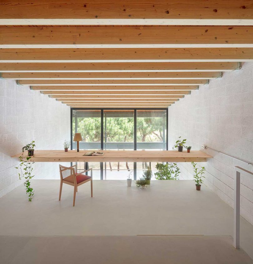 minimalist house interior with white surfaces and wood details looking out through front windows with view from mezzanine looking out