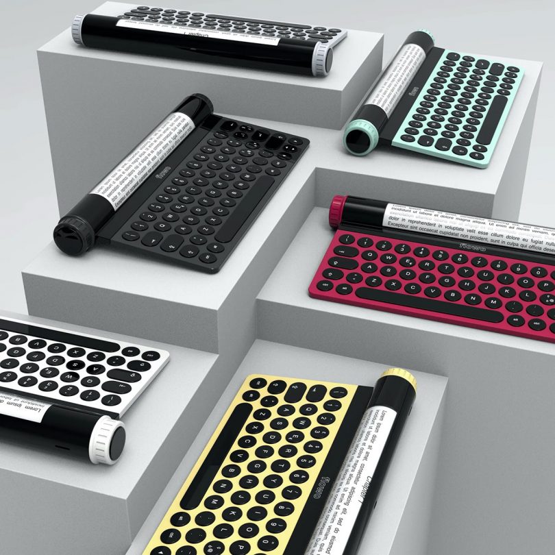 3D renders of Flowo in various colorways, including red, yellow white and green casing.