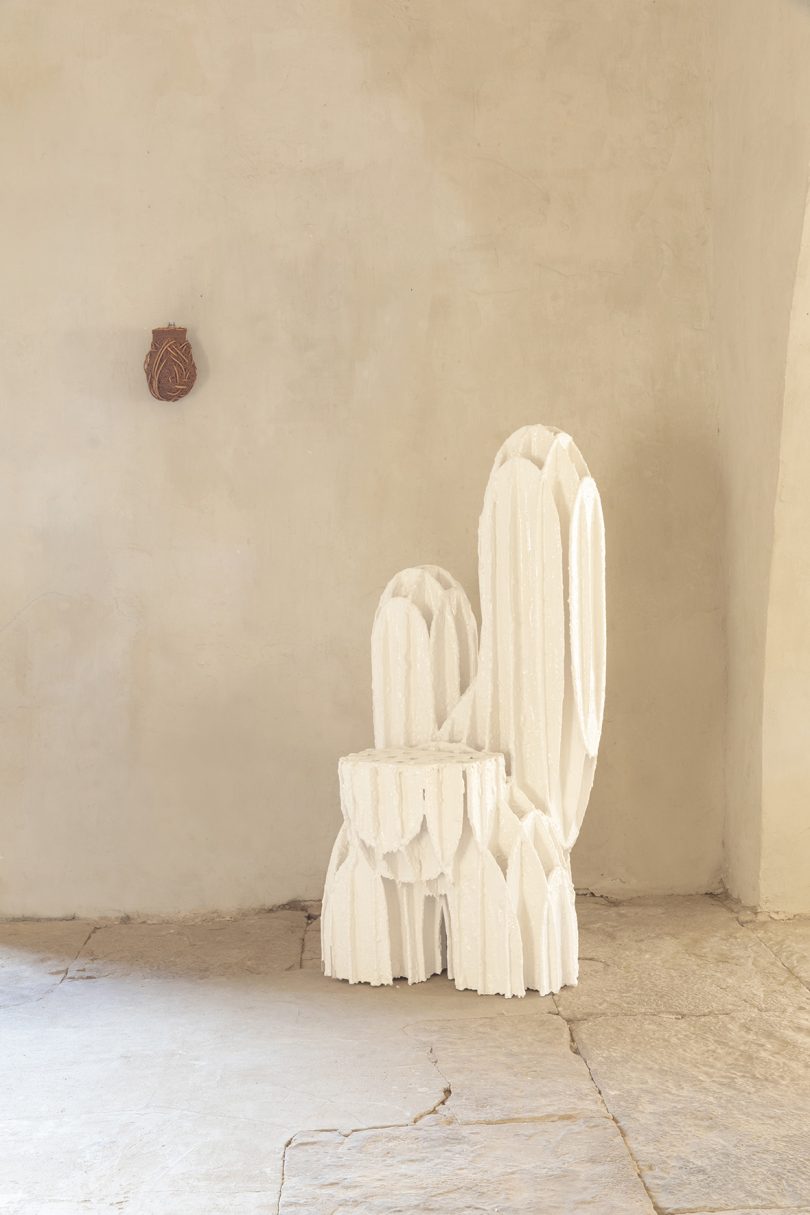 white plaster cactus in a gallery space