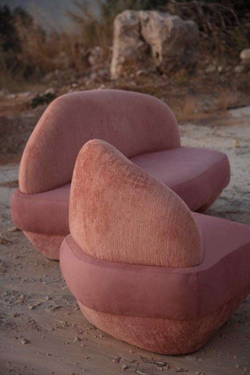 rounded pink sofa and chair outdoors