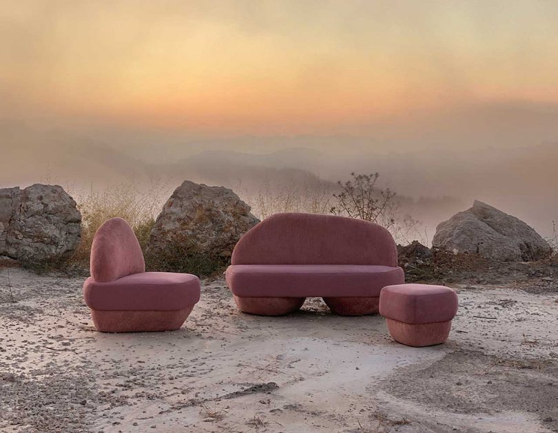 rounded pink sofa and chairs outdoors