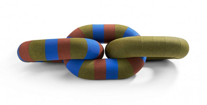 olive green, brown, and blue striped link sofa on white background