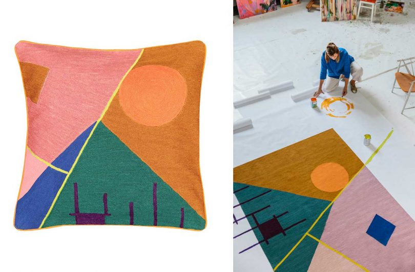 split image with a geometric and colorful pillow on left and matching rug on right