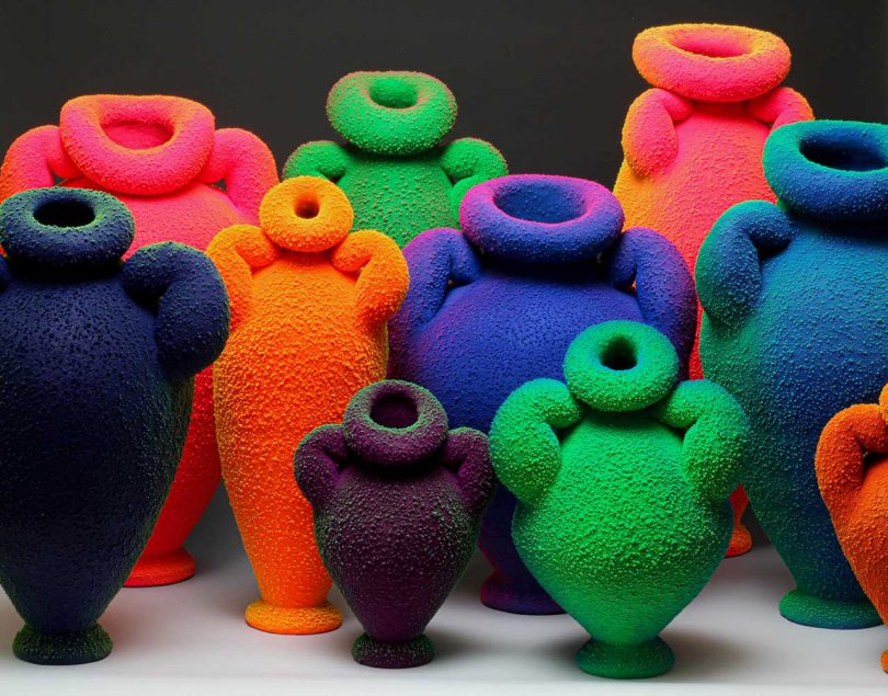 collection of bulbous and colorful vases