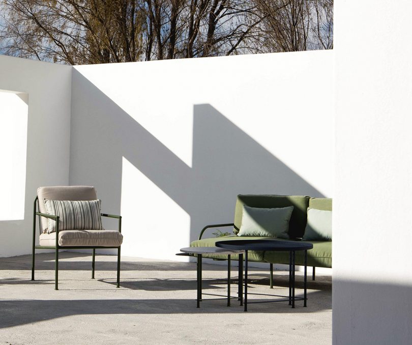 outdoor lounge chair, sofa, and nesting tables