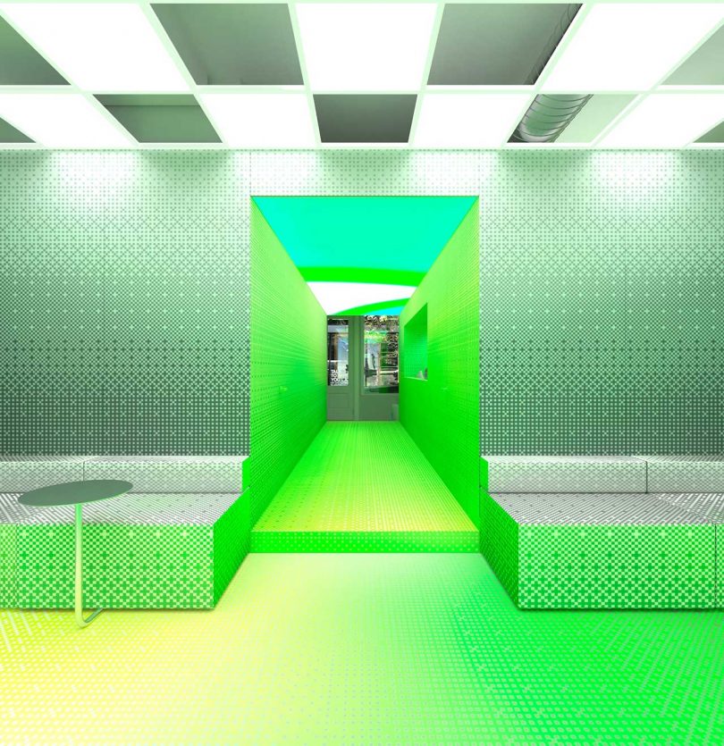 AR pop-up shop in pixelated colors of neon green and yellow, and black and white