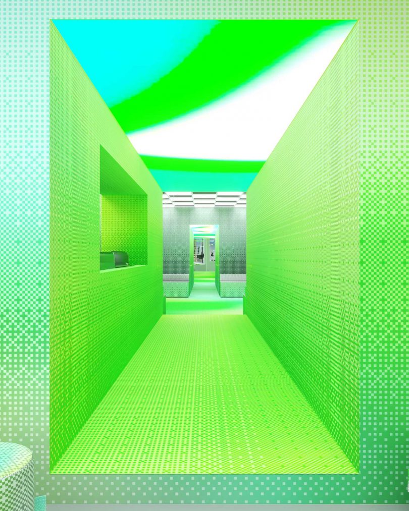 long hallway in pop-up shop featuring neon green design