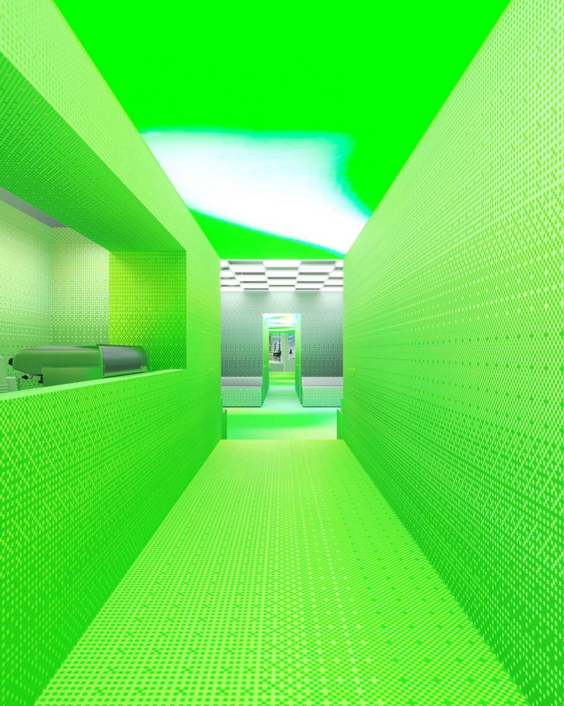 long hallway in pop-up shop featuring neon green design