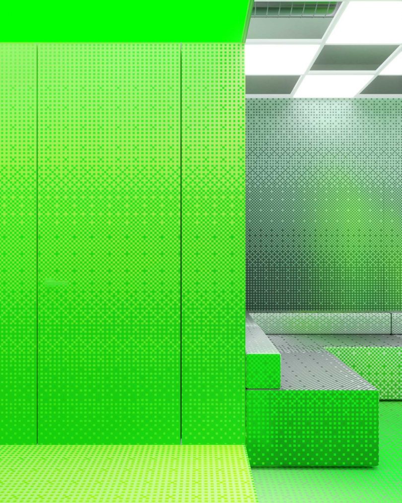 wall in pop-up shop featuring neon green design