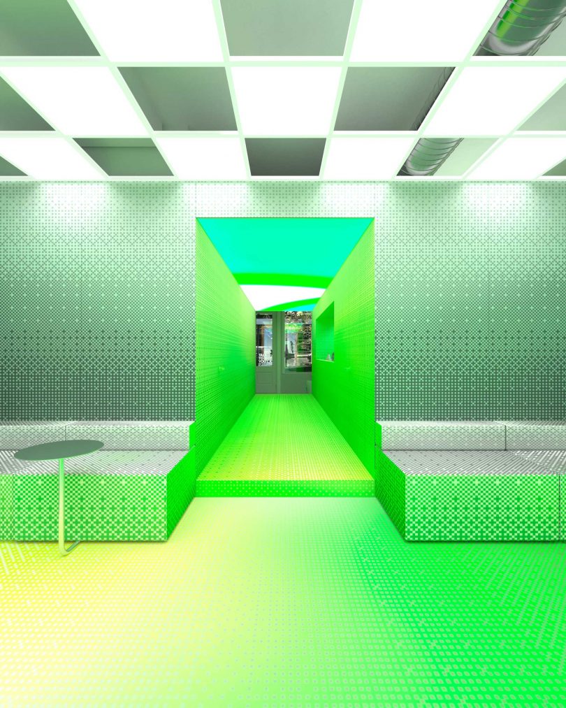 interior space of digital pop-up shop featuring black white checks and neon green decor