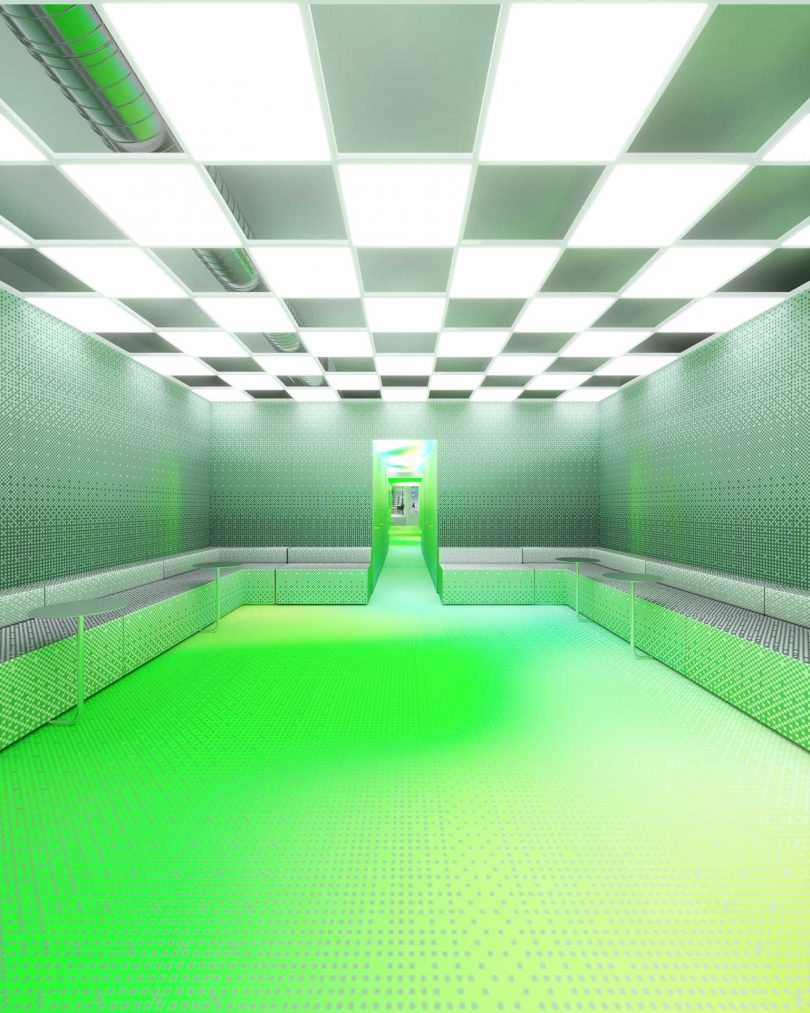 interior space of digital pop-up shop featuring black white checks and neon green decor