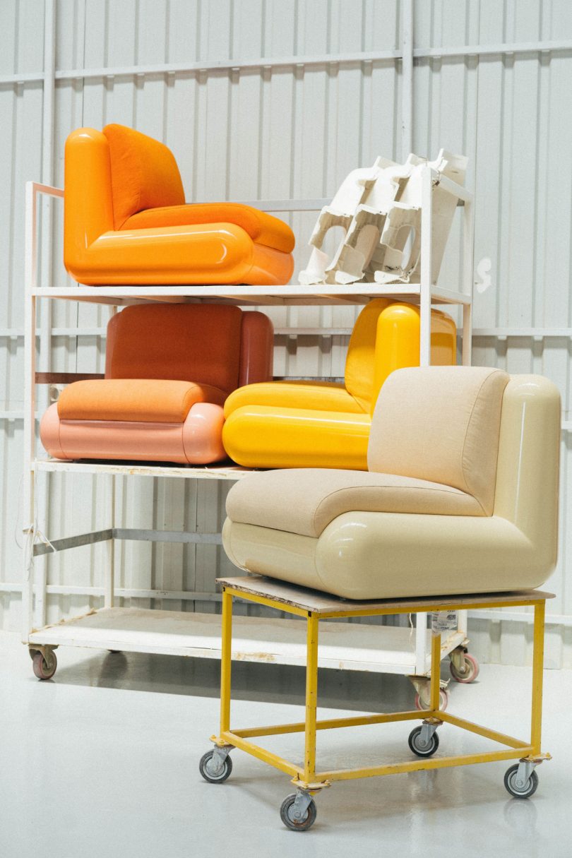 cream orange yellow pink chair on storage rack