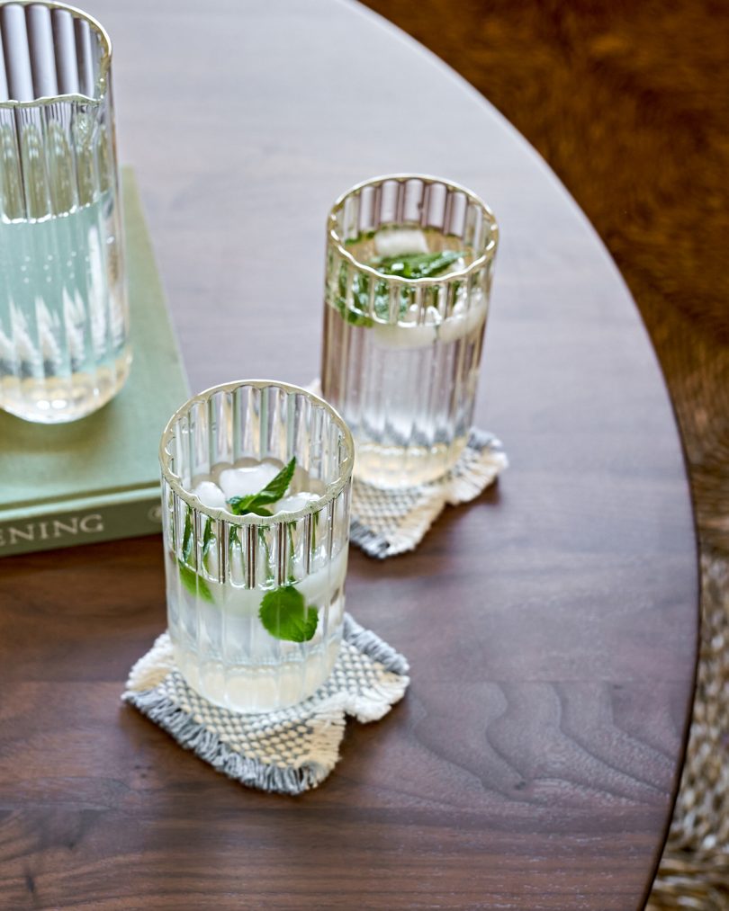 coffee table with water glasses