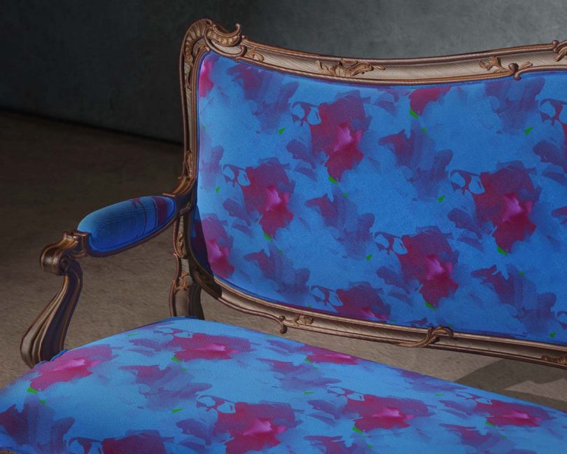 blue and magenta upholstered sofa