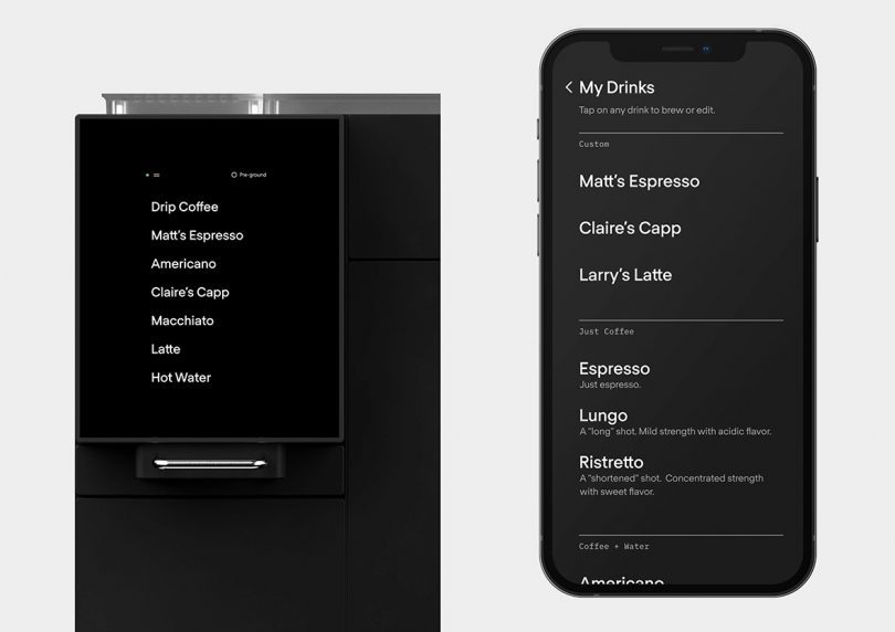 closeup view coffee machine's screen and dedicated app on phone