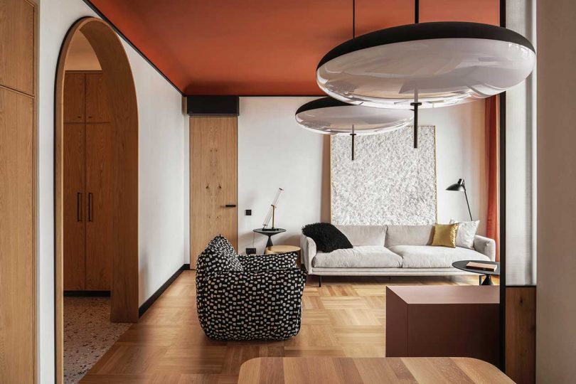 view of modern apartment interior of one side of living room with persimmon ceiling