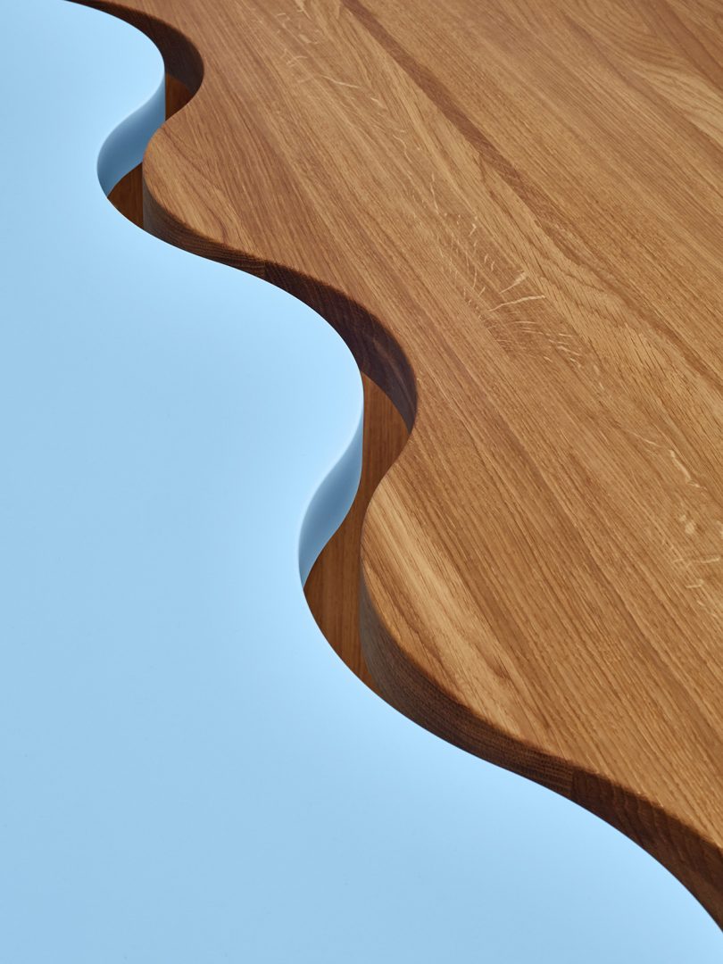 detail of light blue and natural wood library tables