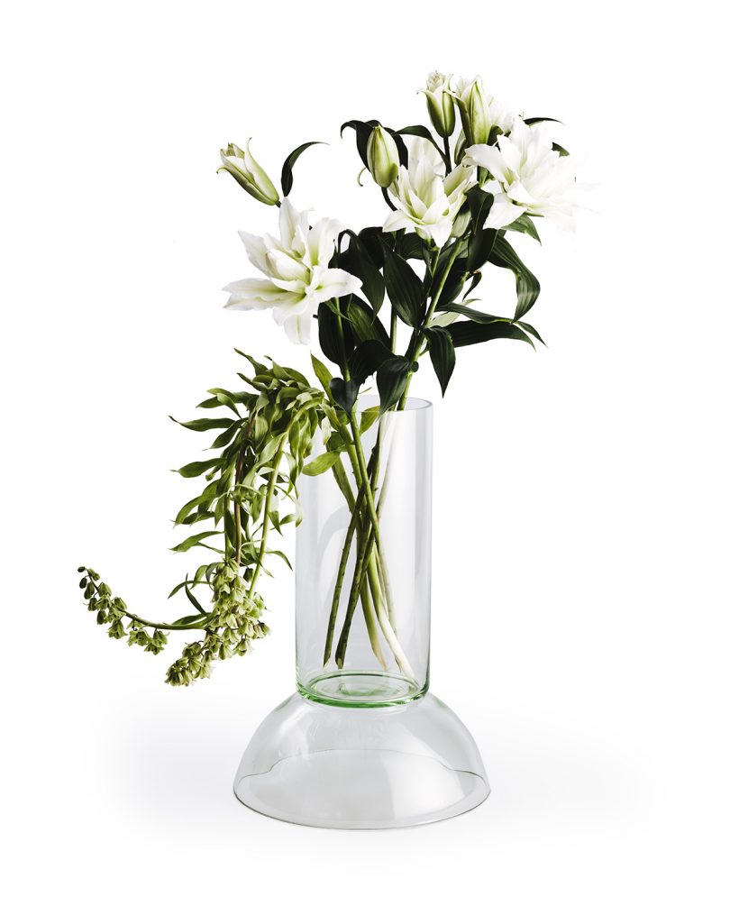 glass vase with flowers on white background