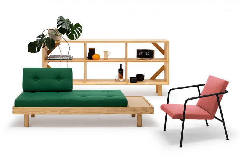modern armchair, daybed, and long and low shelves on white background