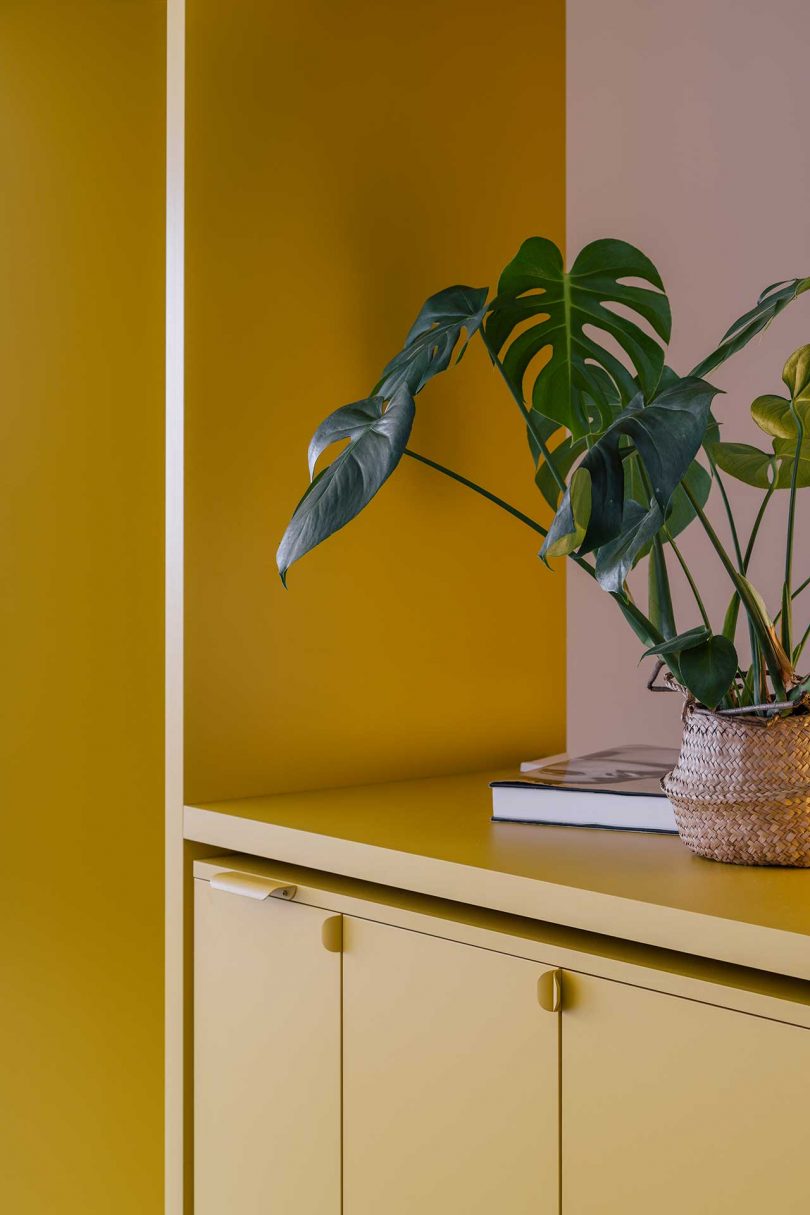 closeup view of bright yellow built-in shelves in apartment