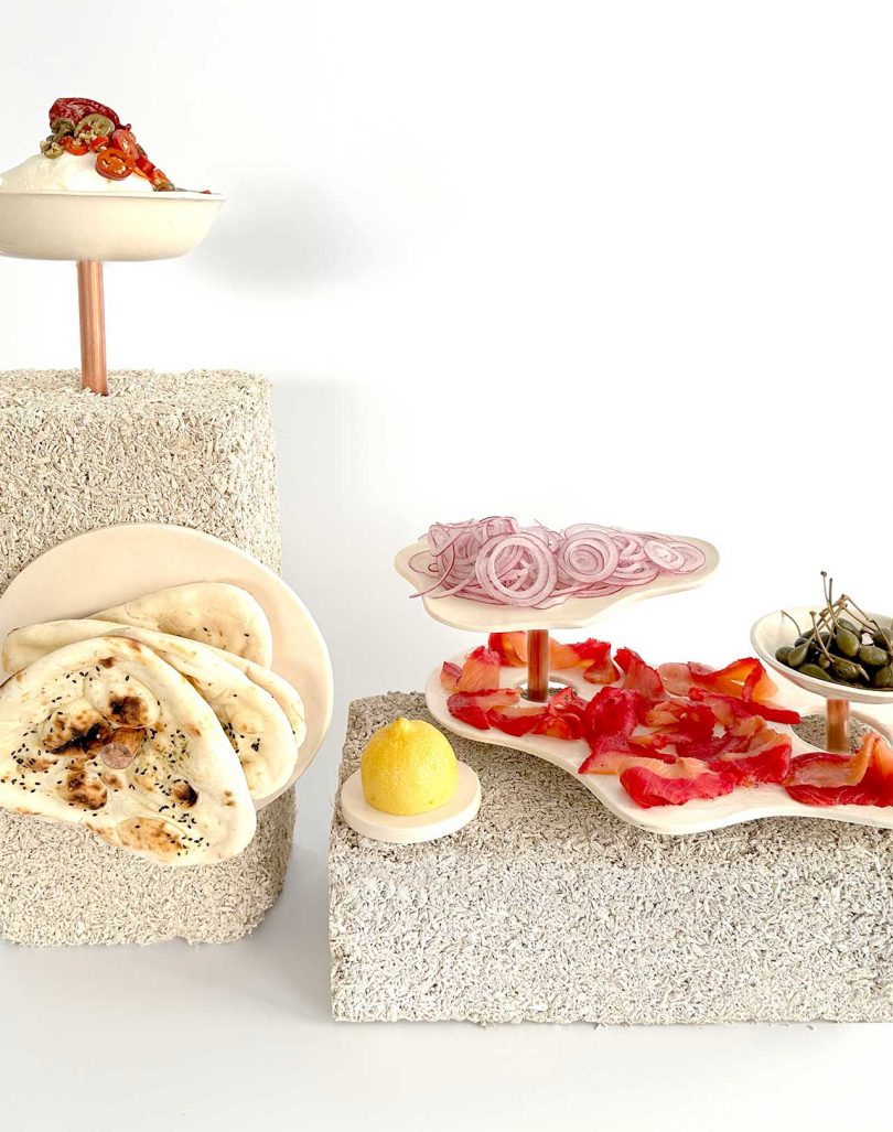 sculptural food displays with food on it