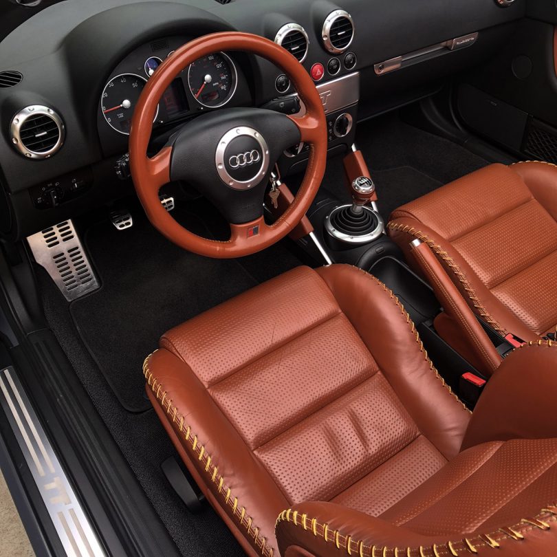 brown leather interior of sports car