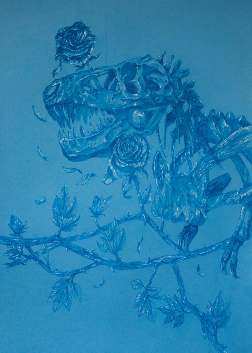 blue artwork of tyrannosaurus with roses
