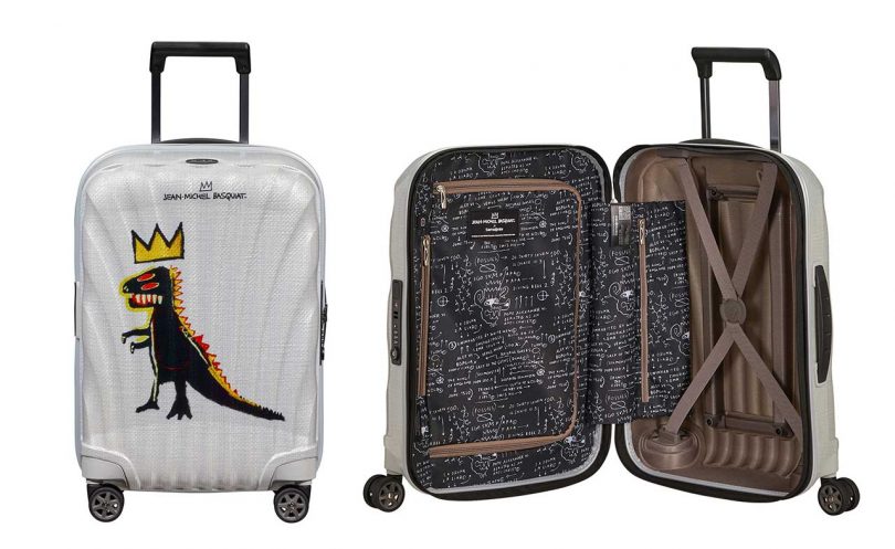 side by side image of a closed suitcase with Basquiat's PEZ dispenser artwork on it and an open suitcase next to it