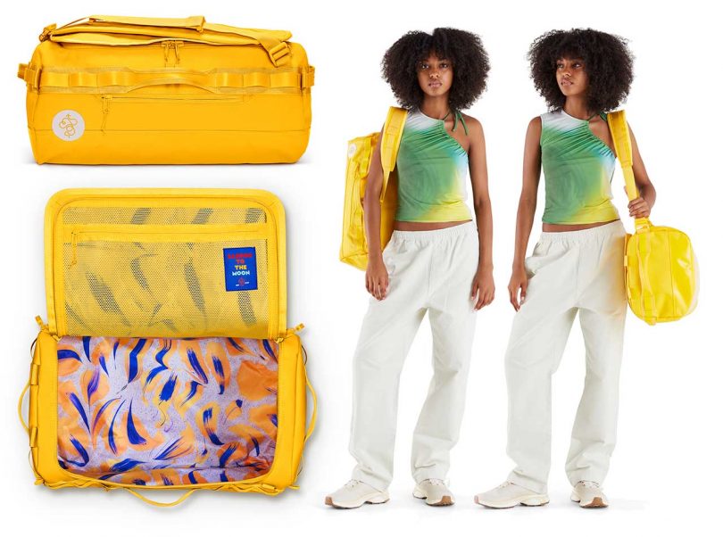baboon to the moon bright yellow travel tote with shots of it open, closed and on model's shoulder