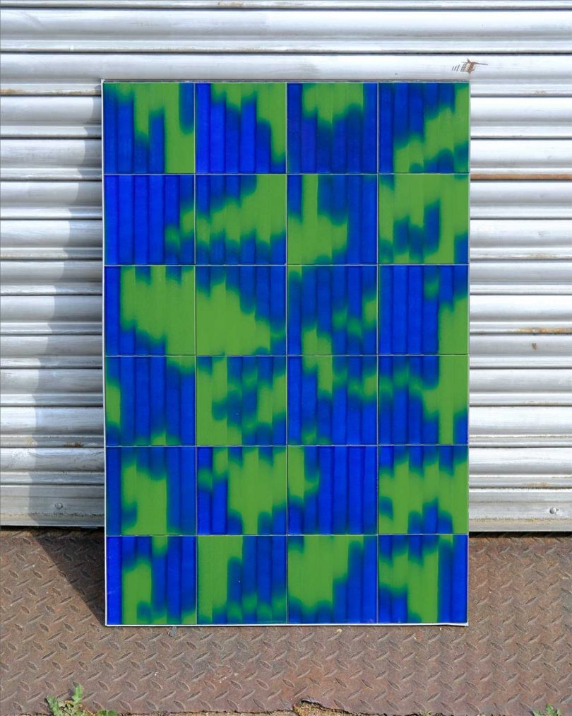 panel of graphic patterned tile in blue and green tile