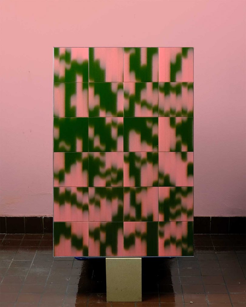 panel of graphic patterned tile in pink and green tile
