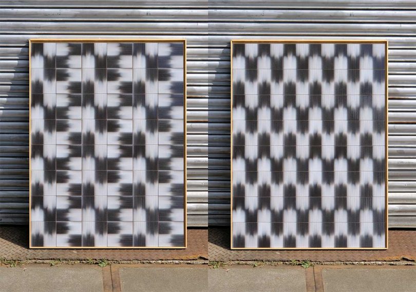 side by side photos of patterned black and white tile