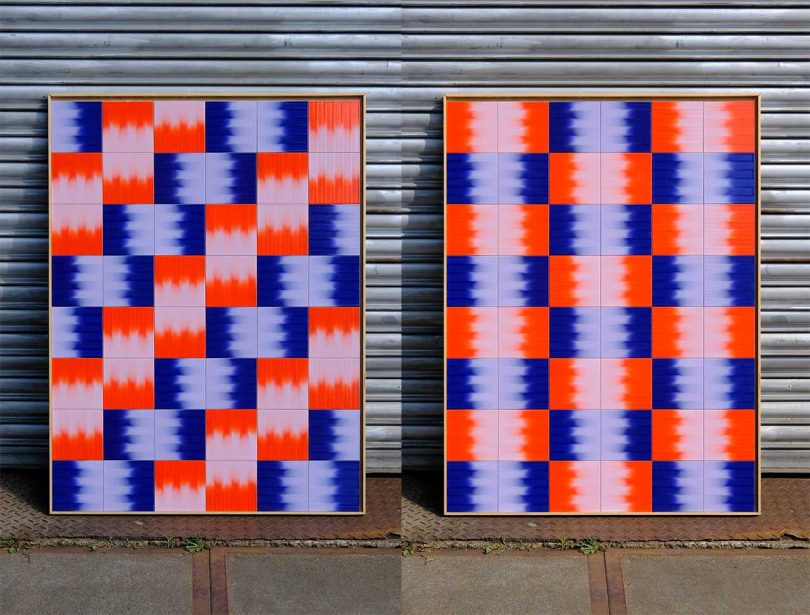 side by side photos of patterned red, blue, and white tile